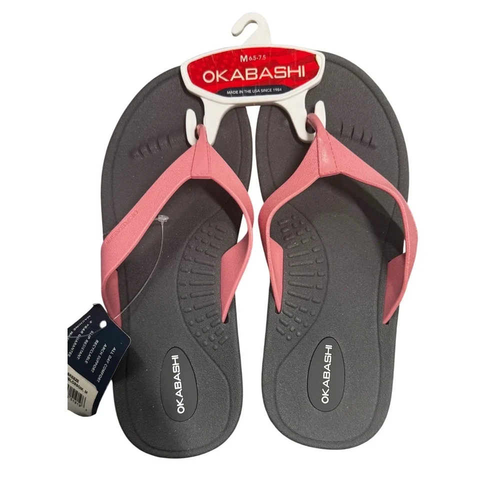Okabashi Breeze Flip Flops Womens Medium 6.5-7.5 Slate Blossom Pink Grey USA NEW